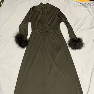 Vintage Sears 1960s 1970s Black Maxi Dress Marabou Trim V Neck Long Sleeve S/M